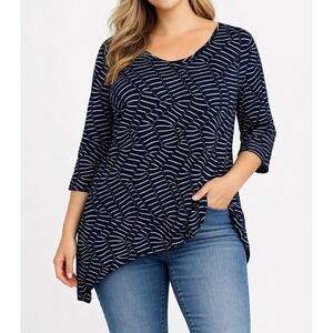 Zenergy by Chicos Navy Blue Textured Striped Sharkbite Tunic Top Size 3 XL XXL